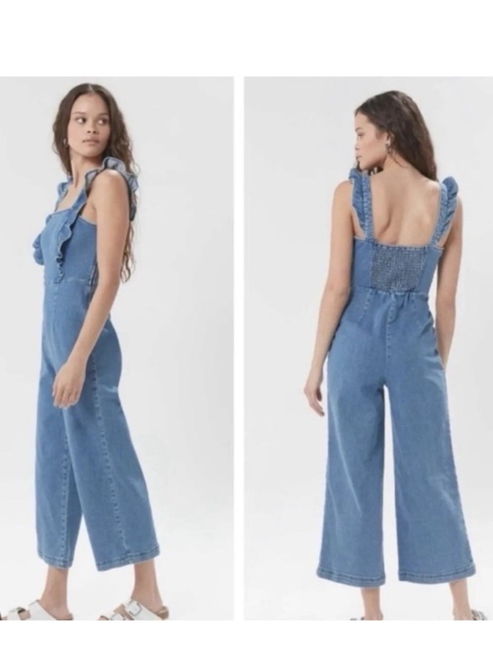 Urban Outfitters Light Blue Ruffle-Strap Wide-Leg Denim Jumpsuit